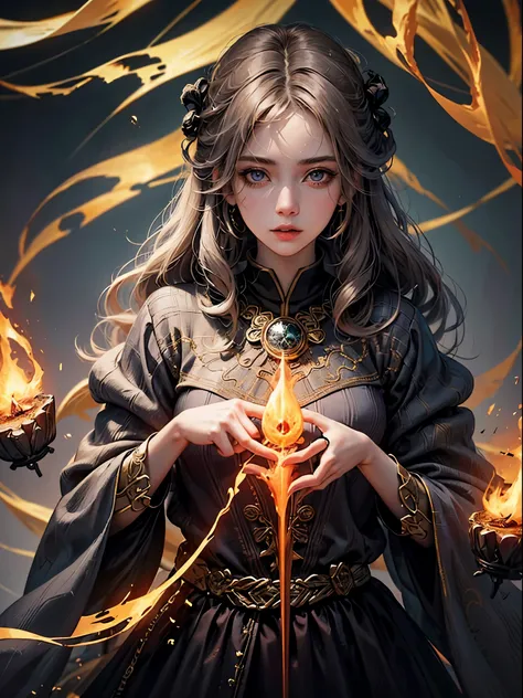 Dressed in witch costume and holding a bright wand，female mage召唤咒语，黑暗幻想female mage，Witch portrait，beautiful witch，female mage，Female fire mage，Fire Mage characters