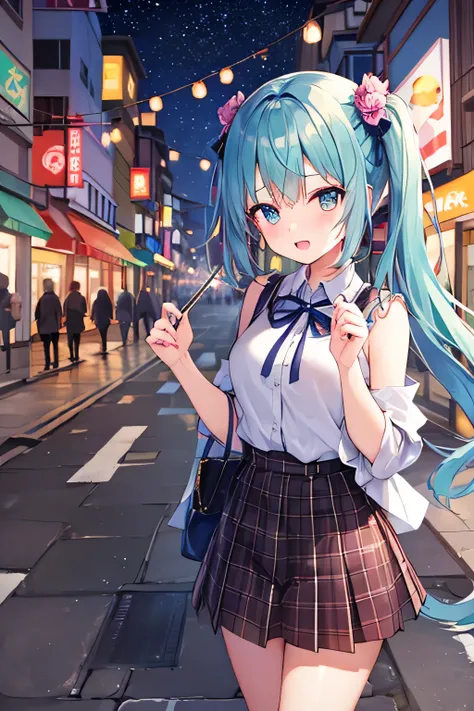 ​masterpiece、Top image quality、超A high resolution、miku hatsune、blue hairs、Twin-tailed、Blushing、mock、Open your mouth just a little、dressed casually、casual miniskirt、Skyscraper、Japan、Outdoors、Night time