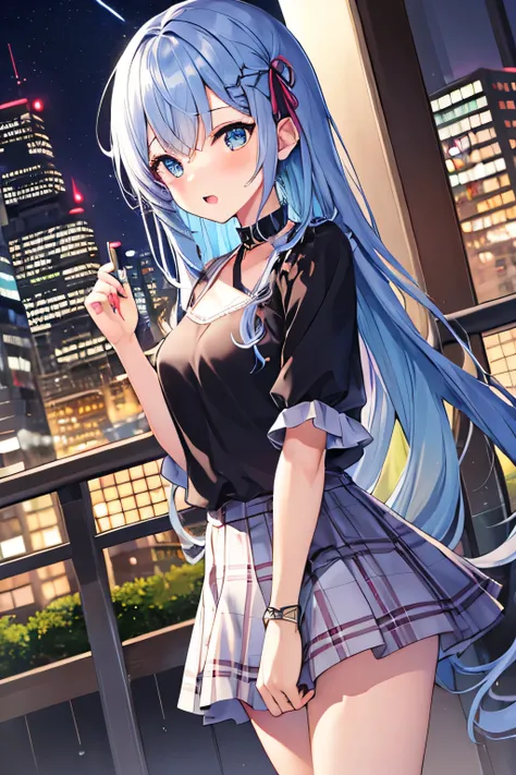 ​masterpiece、Top image quality、超A high resolution、miku hatsune、blue hairs、Twin-tailed、Blushing、mock、Open your mouth just a little、dressed casually、casual miniskirt、Skyscraper、Japan、Outdoors、Night time