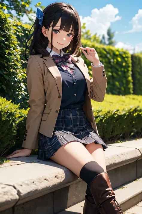 Very cute and beautiful girl,(very detailed beautiful face and eyes:1.2),(Smile),Cowboy Shot,
(Brown jacket:1.2),Collared shirt,Checkered bowtie BREAK Detailed legs,zettai ryouiki,Brown shoulder bag,(Brown boots:1.2),
stylish pose,Dynamic Angle,Hair Orname...