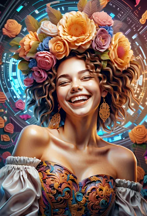 Cute girl head, (((Laughing smile:1.1))), Digital element doodle background, Baroque background, Dynamic Angle, (((With digital matrix code:1.2))), ?, Cute, Beauty fine fur, Complex insane details, Rich colors, true masterpiece, Framed with white sparkle, ...