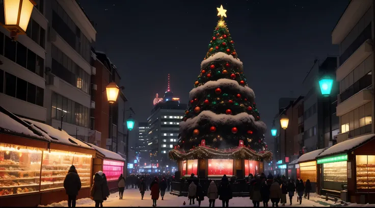 (best quality,4k,8k,highres,masterpiece:1.2),ultra-detailed,(realistic,photorealistic,photo-realistic:1.37),Christmas in Tokyo,illuminated cityscape,night scene,glistening snow-covered streets,bustling crowds,decorated with colorful lights,traditional and ...