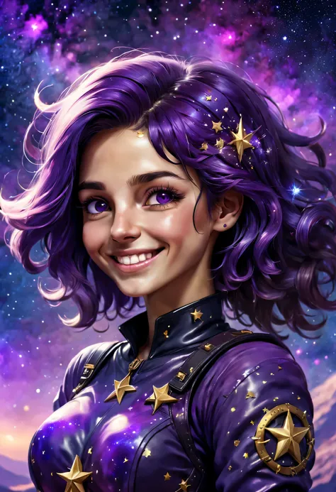 nwinkpunk, 1 italian girl, tmasterpiece, Best quality, (grin face), close up, Background with: Starry sky and zodiac signs, Nebula-like purple hue, Vast space, Award-Awarded, (high detal), Sharp, 8K, Popular topics on artstationh, iintricate