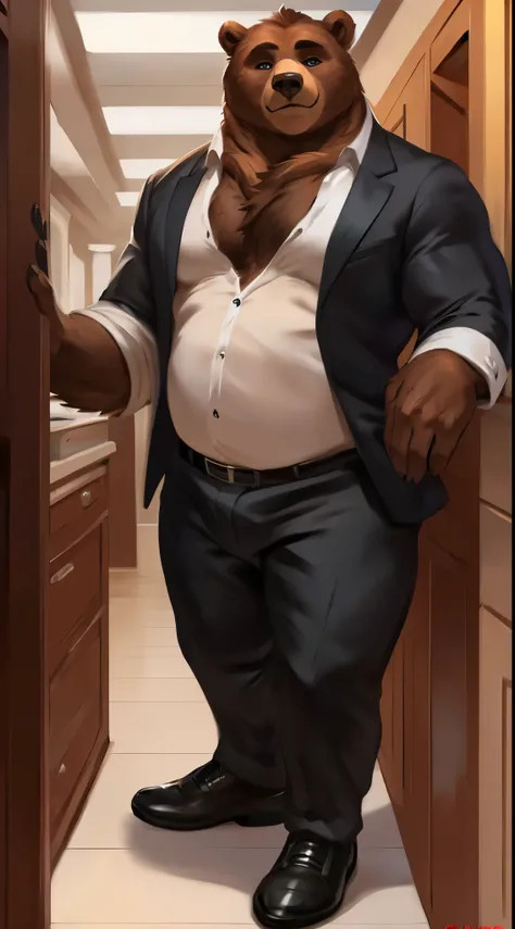 Solo, male, standing, (((bear))), big face, heavy, (broad shoulders, wide chest, big, massive, giant, big arms), standing, by chunie, by sonsasu, by danza, by taran fiddler, fullbody shot, fullbody view, feet, standing tall, ((tall)), office, white button ...