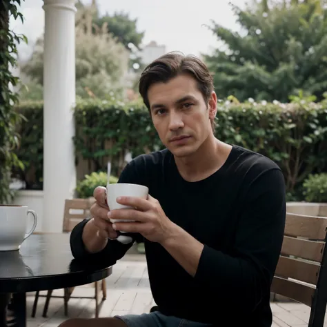 Portrait of (a handsome man), Vogue magazine, cup of coffee, sit down, coffee terrace, Mario Testino style, looking on his right, (plain black t-shirt), snapshot effect