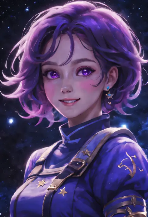 nwinkpunk, 1 italian girl, tmasterpiece, Best quality, (grin face), close up, Background with: Starry sky and zodiac signs, Nebula-like purple hue, Vast space, Award-Awarded, (high detal), Sharp, 8K, Popular topics on artstationh, iintricate