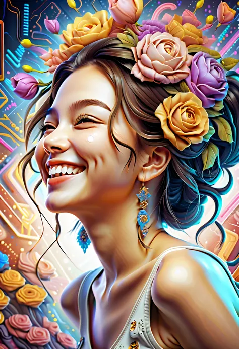 Cute girl head, (((Laughing smile:1.1))), Digital element doodle background, Baroque background, Dynamic Angle, (((With digital matrix code:1.2))), ?, Cute, Beauty fine fur, Complex insane details, Rich colors, true masterpiece, Framed with white sparkle, ...