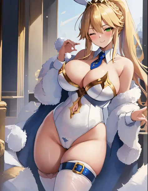 masterpiece, best quality, absurdres, soft lighting, looking at viewer, solo, light_smile, wink, one eye closed,
1girl, ahoge, rabbit ears, playboy bunny, artoria pendragon (swimsuit ruler) (fate), large breasts , blonde hair, green eyes, french braid,  po...