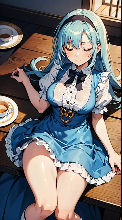 anime styled, High definition illustration, Perfect drawing, Anatomically accurate drawing, alice in the wonderland, Beautiful blonde girl lying on the table at a tea party, ((seminude:1.5)), Curta, A light blue dress with a simple design and frills., Laye...