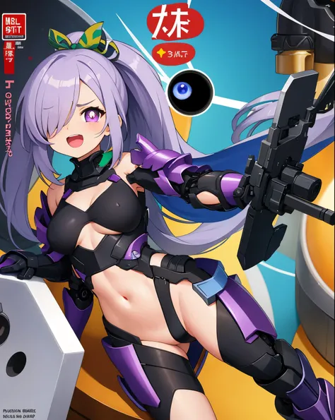 Japanese_anime_style,1figure_girl,(loli:1.5), (short_ponytail:1.3), (light_whitish_purple_hair:1.3),black_mechanical_armor_parts,white_breasts_parts_red_black_body_suit,bare_shoulder,bare_slender_thighs,medium_breasts,on_the_desk, desk_background,Stinging_...