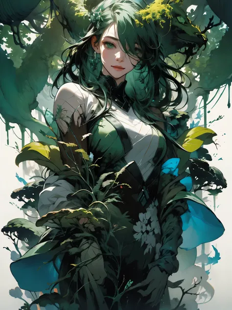 Happy girl, at centre, looking at the camera in, nearing perfection, dynamic, (blues and ((forest green 1.5)))), The is very detailed, digitial painting, art  stations, concept-art, smooth private parts, Focus sharp, illustratio, Artwork by Carne Griffiths...