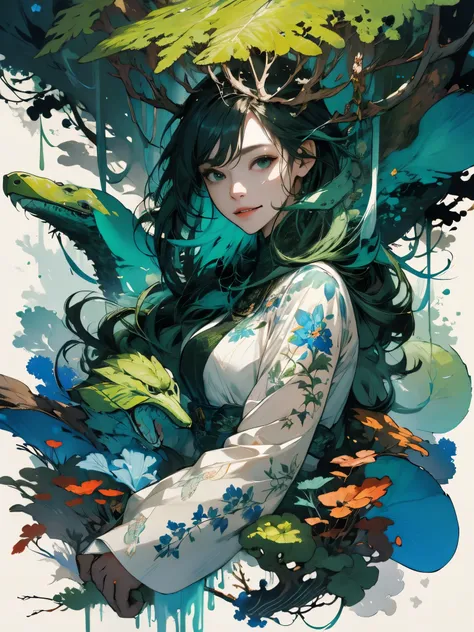 Happy girl, at centre, looking at the camera in, nearing perfection, dynamic, (blues and ((forest green 1.5)))), The is very detailed, digitial painting, art  stations, concept-art, smooth private parts, Focus sharp, illustratio, Artwork by Carne Griffiths...