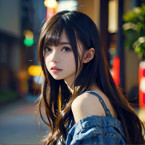 女の子1人、on tokyo street、A city scape、夜のA city scape、Neon Street、The upper part of the body、a closeup、A smile、、(8K、Raw photography、top-quality、​masterpiece:1.2)、(realisitic、フォトrealisitic:1.37)、Highly detailed eyelash drawing、(((Top image quality))), (Beautifu...