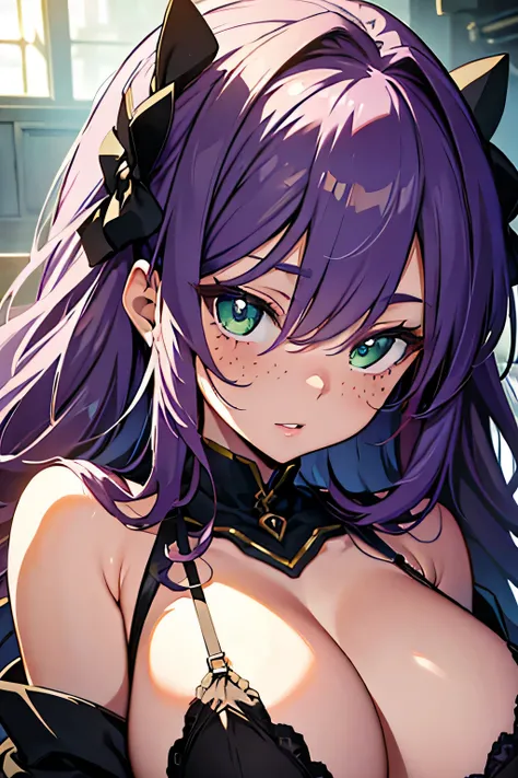 (masterpiece, highres, high resolution:1.2), anime 20 yo girl, portrait, shoulders up, illustration. drawn, violet hair woman, green eyes, blushing, solo, surprised, freckles, big lips, huge breasts, perfect body, wearing sexy lingerie, anime girl, no hand...