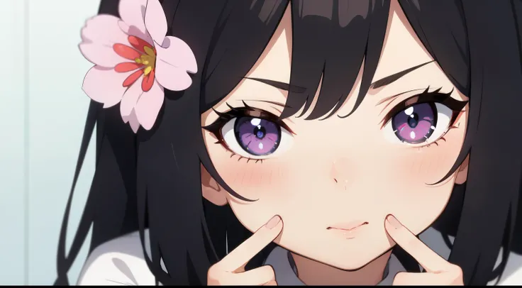 A girl with fingers on her cheek, cute loli in a kitten costume, inspired by Haruno Sakura from the anime Naruto, background according to the image, black hair, bright violet eyes, 2D anime