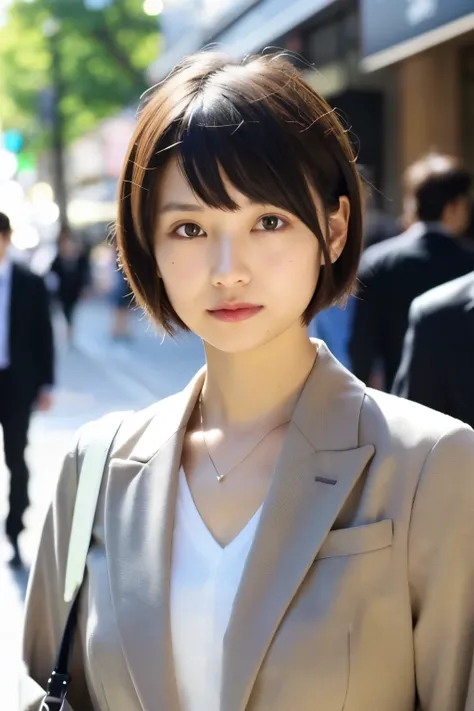 ((Best Quality)), ((masutepiece)), (Detailed), Perfect face, Japan  Woman, boss, slender、suits, short cut hair，