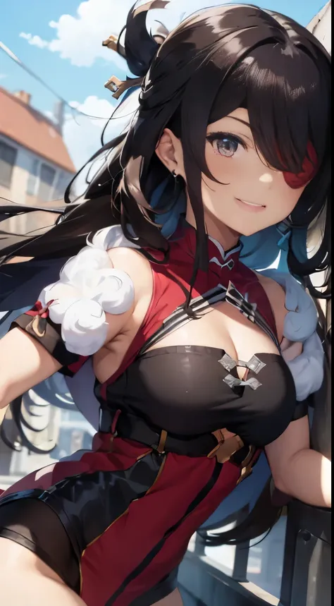 1 girl, (Alone:1.2), ((tmasterpiece)), [Slim], (smallunderboob), ((Detailed Eyeokeh effect), dynamicposes, 中景 the scene is, Bedudev, (red blindfold), long whitr hair, brunette color hair, red and black dress, Smiling, pervert smirk, Left bangs, High socks