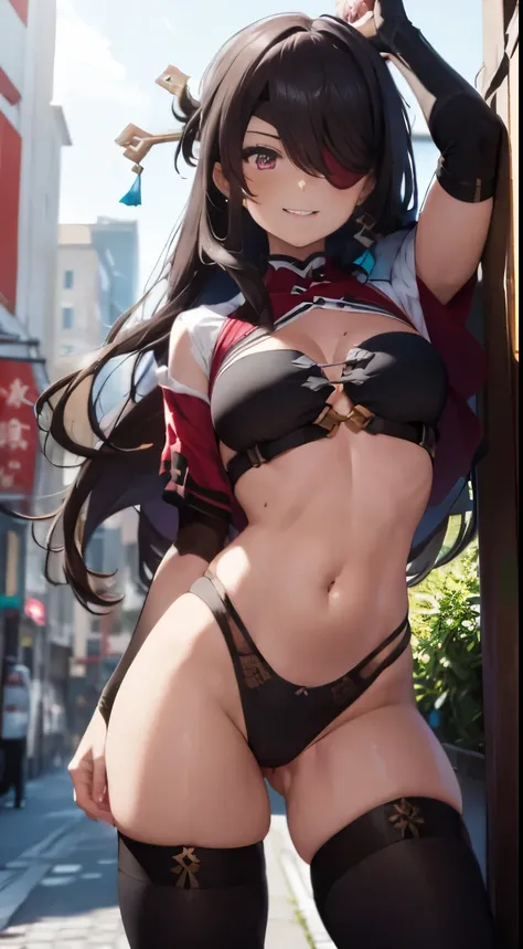 1 girl, (Alone:1.2), ((tmasterpiece)), [Slim], (smallunderboob), ((Detailed Eyeokeh effect), dynamicposes, 中景 the scene is, Bedudev, (red blindfold), long whitr hair, brunette color hair, red and black dress, Smiling, pervert smirk, Left bangs, High socks