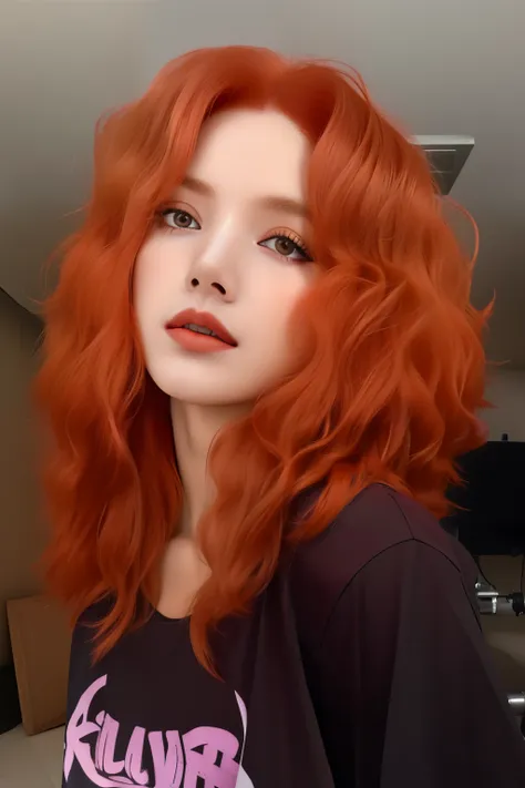 um close up de uma mulher com cabelos ruivos e uma camisa preta, encaracolado copper colored hair, with encaracolado red hair, e...