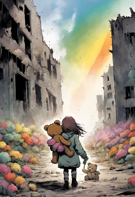 a lonely girl, holding a teddy bear , walks towards a(( rainbow)) in a nuclear wasteland. the once thriving city now lies in rui...