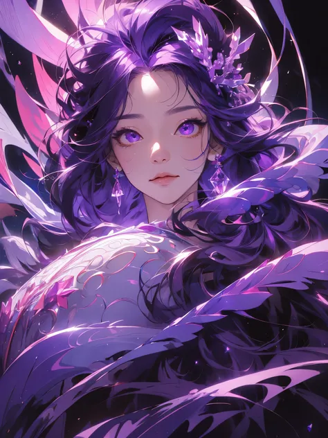 (((tmasterpiece))), Best quality at best, illustratio, 4k wallpaper, 电影灯光, absurd res, Portrait of 1girl, long whitr hair, purple crystal hair, glowing hairs, bloom hair, Costume princess, looking to the front