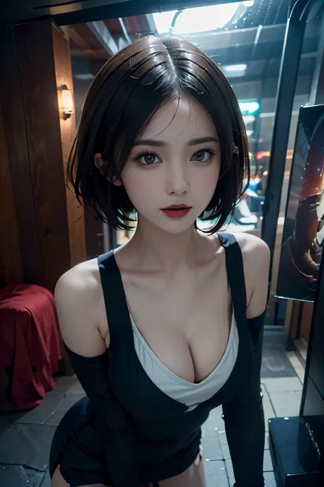 (Front Focus)、(in the darkness nigth:1.6)、portraitures、cleavage of the breast:1.2、 (a miniskirt:1,5) 、Photo Real、Dynamic lighting、art  stations、poster for、Volumetric lighting、extra detailed face、4 k、awardwinning、1girl in、short-haired