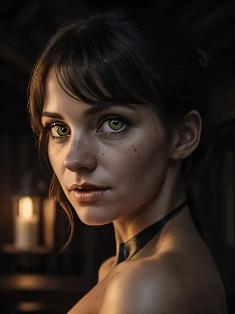 (Realistic:1.5), RAW photo, Masterpiece, witchy, cute and sexy woman with orange eyes and black cat, (detailed mysterious background with stars over an old wooden house), soft natural lighting, Faded colors, Cinematic.