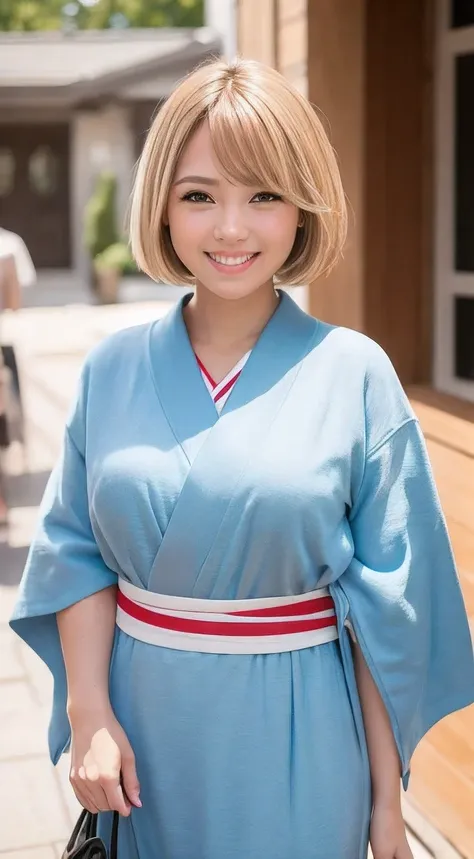 masutepiece, Best Quality, Upper body, Cute, Smile, shrines, shining background, Kimono, front facing, front-facing view, Body Forward, The body is facing forward, An American woman, Golden hair, American Women, blond woman in a, bob cuts, American Face