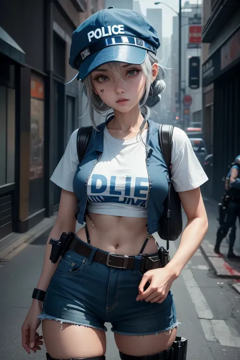 Cute girl, Gray hair tied, hat🧢 , blue police uniform, zombie, dead ahead zombie warfare, A vest with police written on it, black belt, Knee protectors, sexy 💙