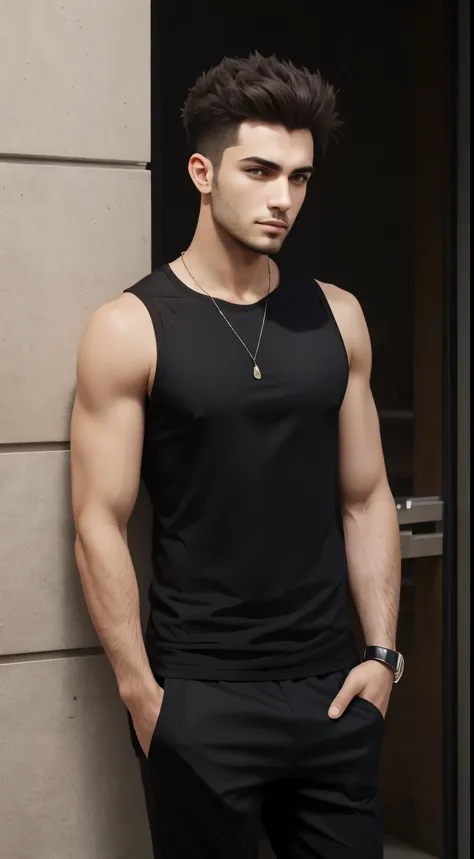 A young handsome guy name Samer with spiky hair a temperamental cool and flirtatious guy wearing sleeveless black shirt black short pant standing alone