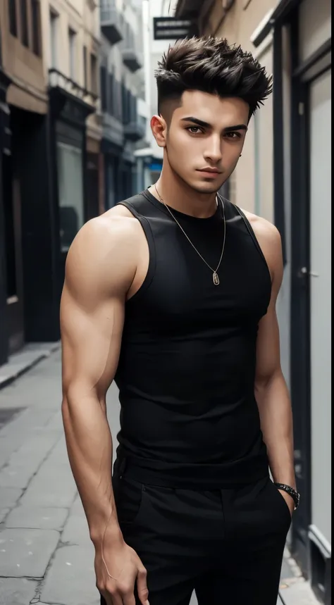 A young handsome guy name Samer with spiky hair a temperamental cool and flirtatious guy wearing sleeveless black shirt black short pant standing alone