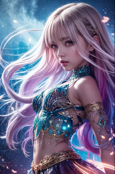 A captivating anime girl gracefully emerges from the pages of a Pond in a Sunnlit Magic FOREST, her vibrant and intricate colors breathing life into the artwork. She wears extraordinary fantasy costumes，Decorated with exquisite details, reflecting the ench...