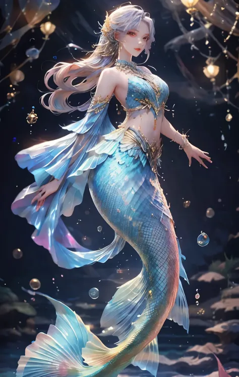 exquisite facial features，1 model wearing a fishtail skirt，professional clothing design，mermaid themed clothing design，complemen...