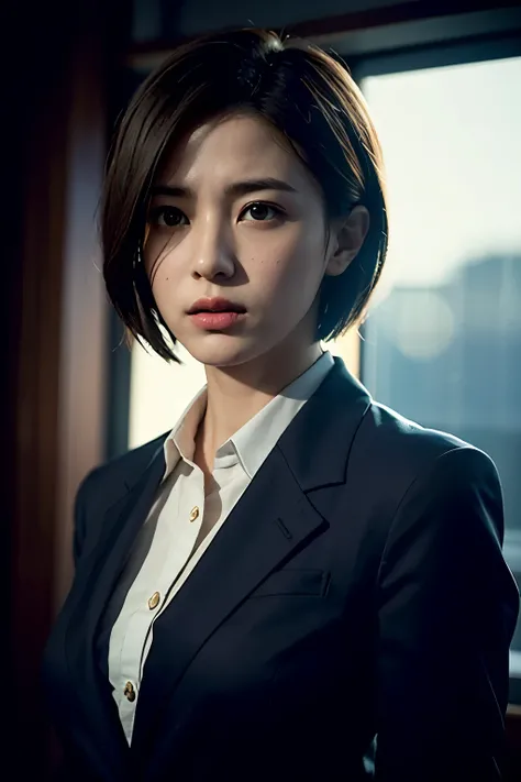 masterpiece, top quality, best quality, extreme detailed, highest detailed, official art, expressionless, colorful, cowboy shot, beautiful face, solo, perfect body, 1girl, short hair, business suit, ((dramatic lighting)), in the dark, deep shadow, ((low ke...