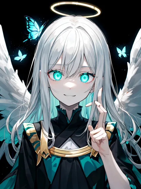 Best Quality、masutepiece、Ultra-detailed、face perfect、Extremely detailed、Extremely delicate、1 boy, (Scary), Angel, Gorgeolanche&#39;The halo), Dark, Glowing eyes, Light green eyes, Angel wings,  holy, , blancheのチュニック, 2対のblanche angel wings, which are full ...