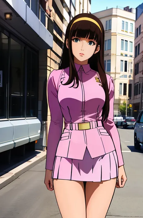 1girl in, sayla mass, elegant, masutepiece, convoluted, army pink uniform dress with a super miniskirt so short you can almost s...