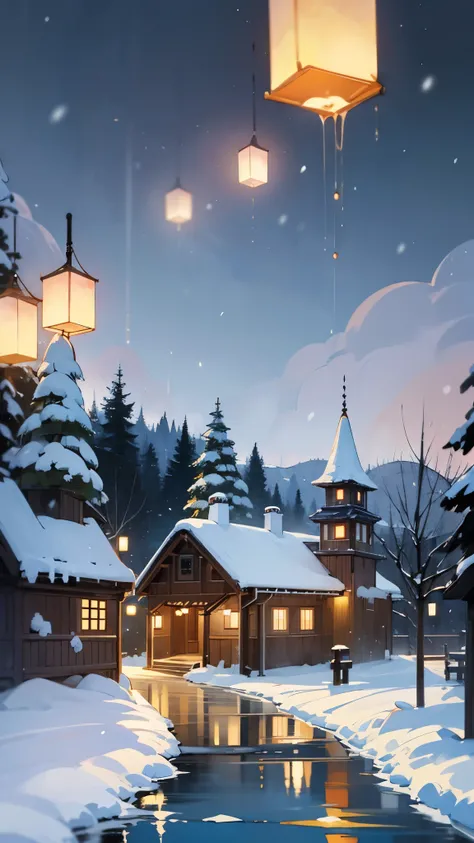 An elegant New Year greeting card for a LED flash light company, portraying a serene winter scene with softly lit LED lanterns casting a warm glow on snow-covered landscapes, a quaint village in the background, capturing a peaceful ambiance and the magic o...