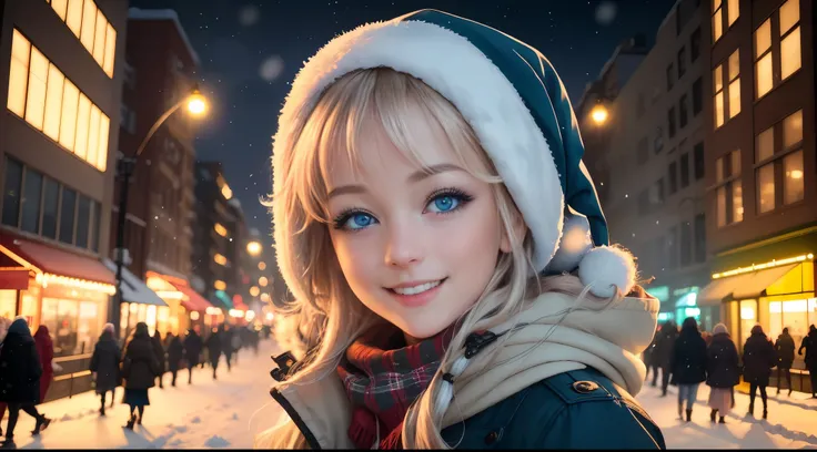 (best quality,4k,8k,highres,masterpiece:1.2),ultra-detailed,(realistic,photorealistic,photo-realistic:1.37),green-blue eyes,anime girl,Christmas Eve,New York City,USA,beautiful detailed eyes,beautiful detailed lips,extremely detailed eyes and face,long eye...