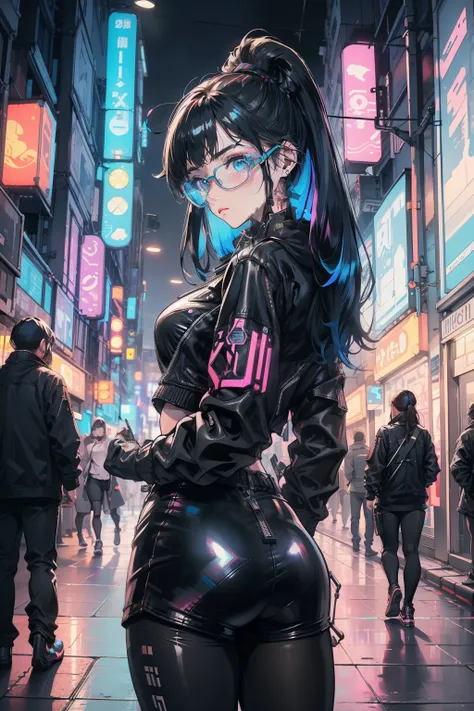 1 girl ,tmasterpiece, Best quality at best, ultra - detailed, illustratio, Cyberpunk rebel hacker style: Future city quality: Sharp and dynamic, Depict a character: Tech-savvy roles are inspiring: Neon city lights reflect her cybernetically enhanced shadow...