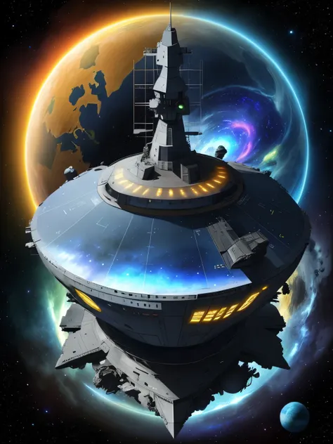 Dark bluish deep space. A blue-yellow gamut. Colorful multi-colored star fields. Super detailed, realistic futuristic spaceship orbiting around an unknown planet. The shape of the ship exactly replicates the shape of a junk box. Starship is dirty, scratche...