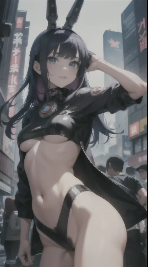 Movie poster,Takashi Murakami,Pop Culture Art,NSFW,Manga,Cyborg on Female NSFW,erotic posing,fantrome,Hentai,kawaii,Stylish,,busty, Pubic hair,Glamour,Sky blue tones,Psychedelic Costume,Armored,Cyberpunk dystopian girl,Fantastic Dystopia,Dystopian landscap...