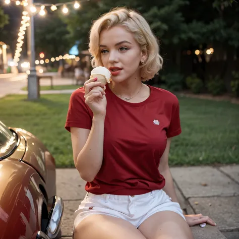 Marilyn Monroe eating ice cream, wear red shirt, purple shorts, colorfully bokeh background