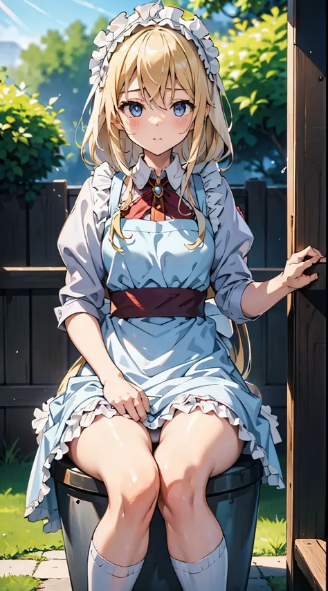 anime styled, High definition illustration, Perfect drawing, Draw anatomically correctly, alice in the wonderland, In the forest where the bright sun shines, Beautiful blonde girl, ((seminude:1.5)), A short, light blue dress with a simple design and frills...