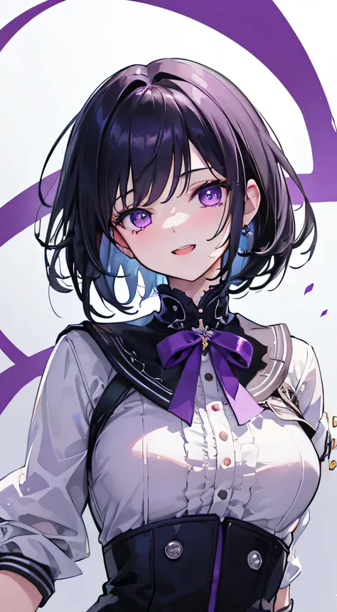 (best quality, masterpiece), 1girl, purple eyes, crazy laughing, short black hair, dark mood, upper body, super detail, high quality, best quality, 1080P, HD, ((masterpiece)), best quality, 8K, HDR