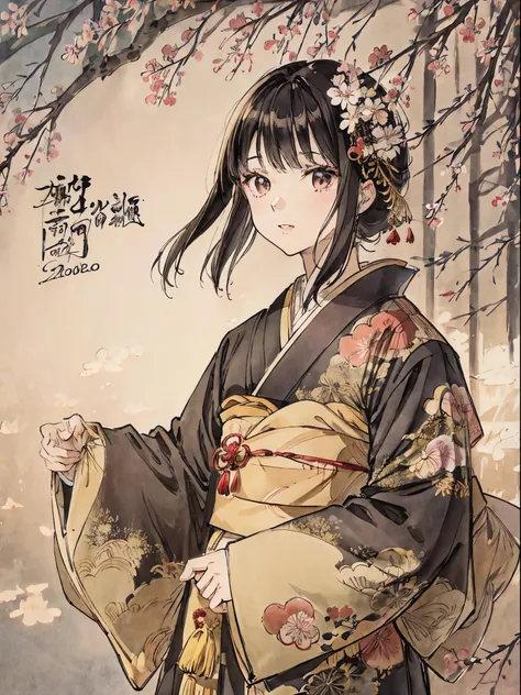 kimono、a dark-haired、okappa、moderno、japanese style、new year’s day、new year