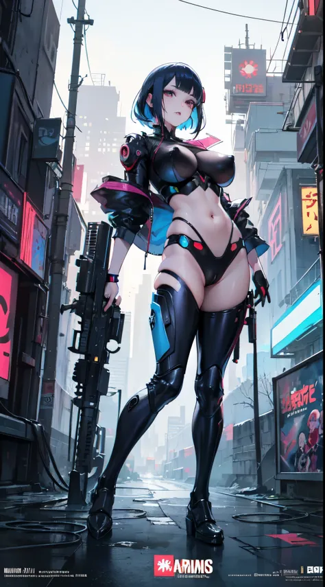 Movie poster,Takashi Murakami,Pop Culture Art,NSFW,Manga,Cyborg on Female NSFW,erotic posing,fantrome,Hentai,kawaii,Stylish,,busty, Pubic hair,Glamour,Sky blue tones,Psychedelic Costume,Armored,Cyberpunk dystopian girl,Fantastic Dystopia,Dystopian landscap...