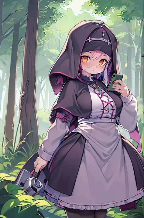 a cartoon picture of a nun with a cell phone in her hand, nun outfit, Commission for high resolution, nun fashion model, nun, [ 4 k digital art ]!!, small curvy loli, dressed like a cleric, Chic, oc commission, full body commission for, cel shaded animatio...