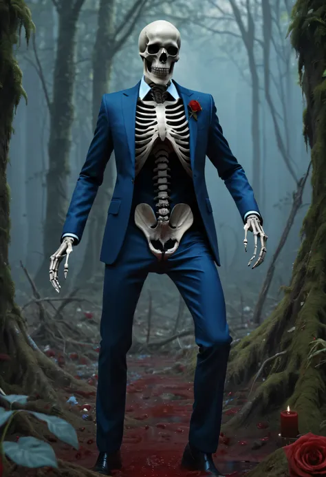 (Best Quality,4K,8K,hight resolution,masutepiece:1.2),Ultra-detailed,realistic blue skeleton,Wear a suit,Blue roses,altar,dead body,Blood:1.2,forest,swamp