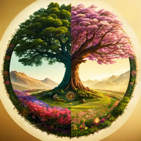 fantasy world , Yggdrasill tree in the center in the middle of a circle divided into two cycles , arte conceptual del equinoccio , ritual del equinoccio de primavera , magical scene , centered design on isolated background