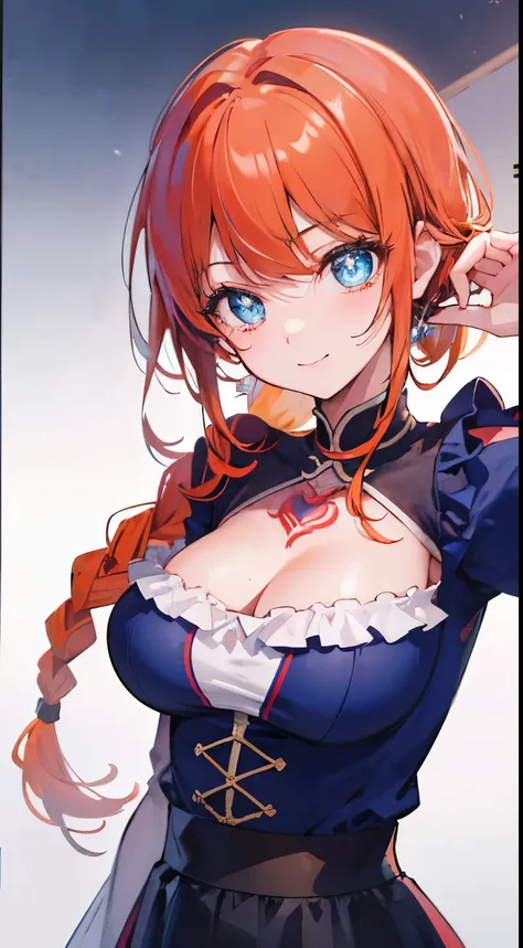 18 year old beautiful girl, blue big eyes,  Petite and slender、slightly large breast, ((scarlet orange hair,)),(Loose fluffy short braided hair), in 8K, of the highest quality, (Highly detailed head: 1.0), (Very detailed face: 1.0), (very detail hair: 1.0)...